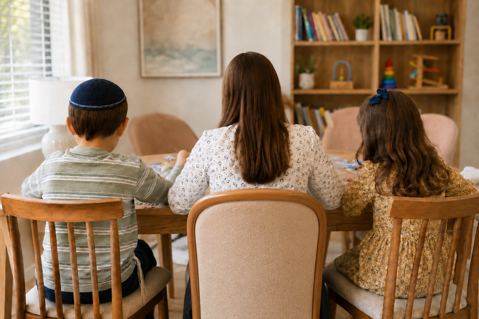 A modestly dressed Orthodox Jewish teenage babysitter and two children seated together for a colorful activity, photographed from behind for privacy